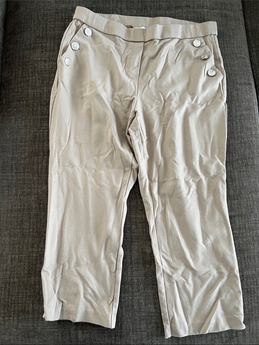 Women’s Cropped Light Beige Button-Accent Dress Pants
